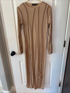 PrettyLittleThing Tan Ribbed Long Sleeve Maxi Dress with Exposed Seams - Sz 10